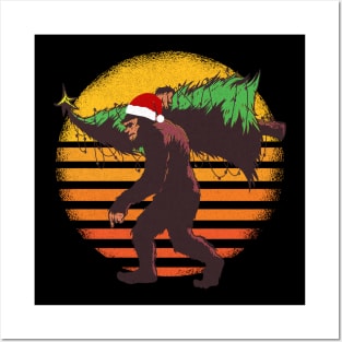 Big Foot Sasquatch Carrying A Christmas Tree Retro Sunset Santa Hat Posters and Art